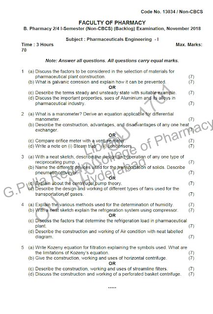 Osmania University B Pharmacy 2 4 I Semester Non CBCS Backlog