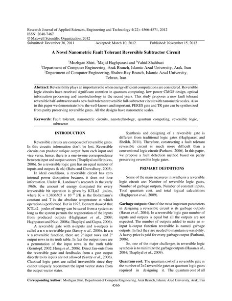 PDF A Novel Nanometric Fault Tolerant Reversible Subtractor Circuit