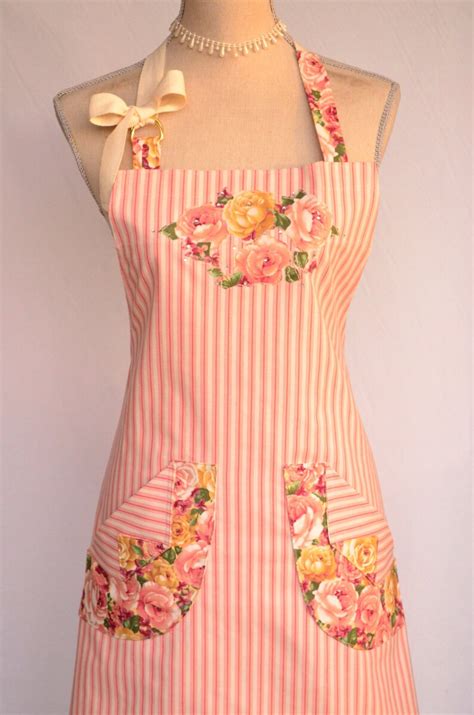 Womens Full Apron Shabby French Country Chic Peach Pink Floral Etsy