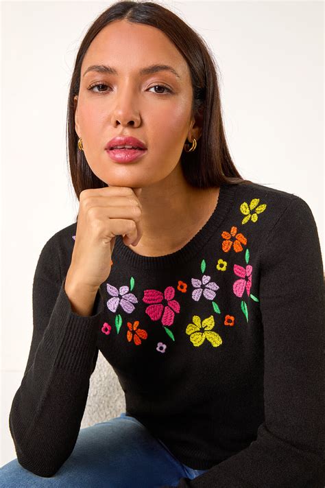 Black Floral Embroidered Crew Neck Sweater Roman Uk