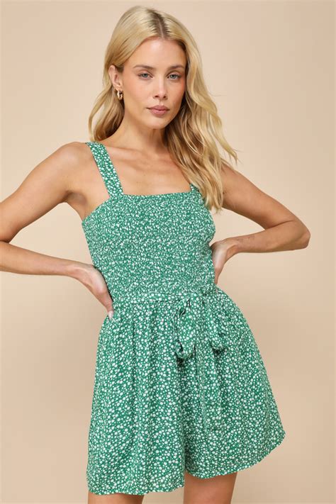 Green Floral Romper Smocked Romper Romper With Pockets Lulus