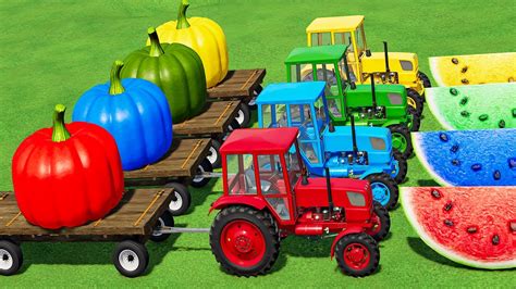 TRANSPORT HUGE PUMPKINS WATERMELONS WITH JOHN DEERE TRACTOR FLATBED