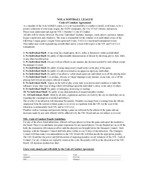 Fillable Online Code Of Conduct Agreement Nola Softball League Fax