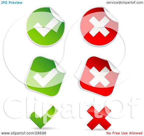 Clipart Illustration of a Set Of Peeling Square And Circle Green And Red Check Mark And X Mark ...