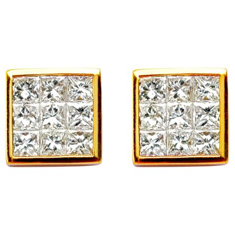 Invisible Set Princess Cut White Diamond Karat Yellow Gold Stud