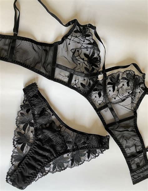 See Through Lingerie Set Black Lace Lingerie Set Floral Open Bra And Brazilian Panties