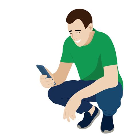 Portrait Of A Guy Who Is Squatting With A Phone In His Hand Vector