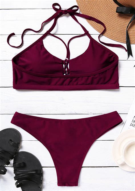 Hollow Out Halter Bikini Set Burgundy Fairyseason