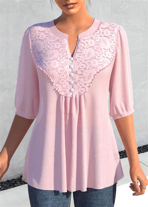 Rotita Lace Light Pink Split Neck Half Sleeve Blouse Usd