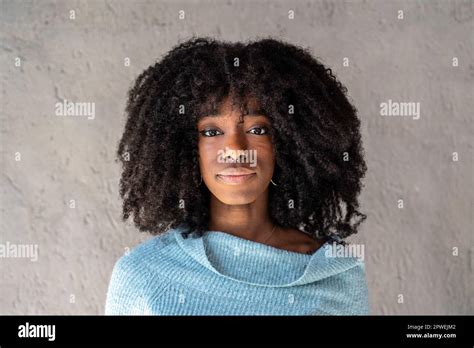 Portrait Of Happy African American Woman Curly Hair Cuban Woman With