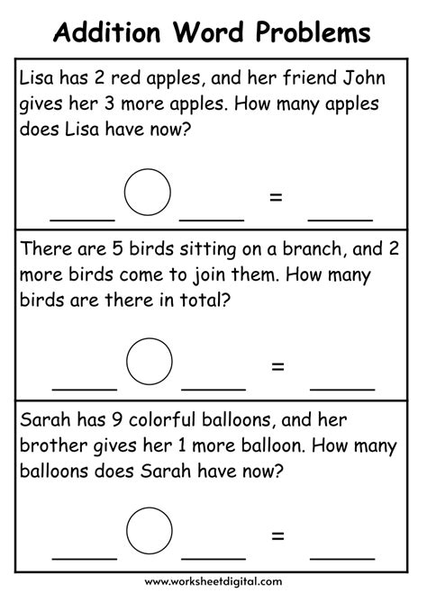 Addition Word Problems Grade Worksheet Digital