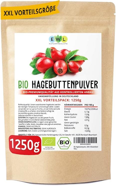 EWL Naturprodukte Bio Hagebuttenpulver 1250g XXL Vorteilspack In