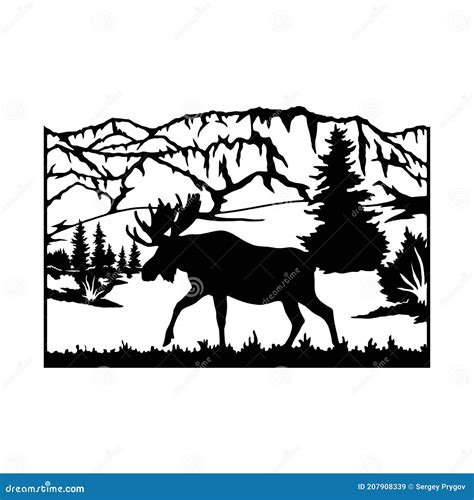 Horned Elk Moose Wildlife Stencils Mountain Silhouettes Vector