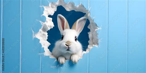 Easter Bunny Peeking Out Of A Hole In Blue Wall Fluffy Eared Bunny