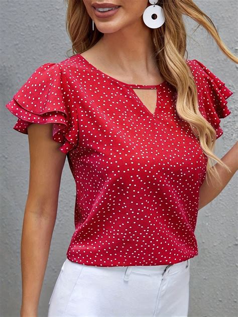 Polka Dot Ruffle Layered Hem T Shirt Casual Crew Neck Short Sleeve T