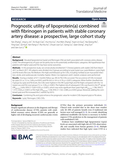 Pdf Prognostic Utility Of Lipoprotein A Combined With Fibrinogen In