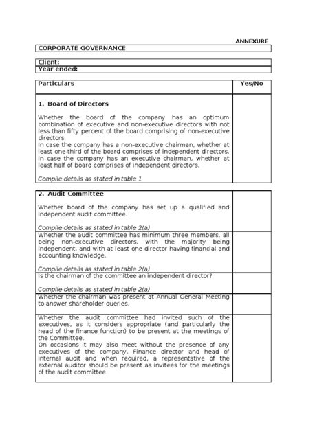 Corporate Governance Checklist Board Of Directors Internal Audit