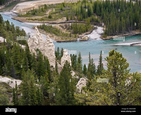 Hoodoo Rock Structures Along The Bow River In Banff National Park