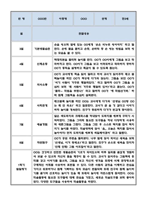 만3세 1년 1학기 2학기 유아 행동 관찰일지 3월~2월 관찰일지 관찰일지와 발달평가 5명 분량 10페이지 인문교육