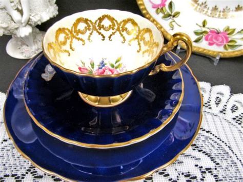 AYNSLEY TEA CUP AND SAUCER COBALT BLUE PINK ROSE CENTER TEACUP TRIO