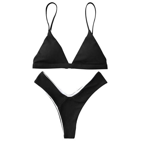 ZAFUL Textured High Cut Padded Plunge Bikini Set S Grandado