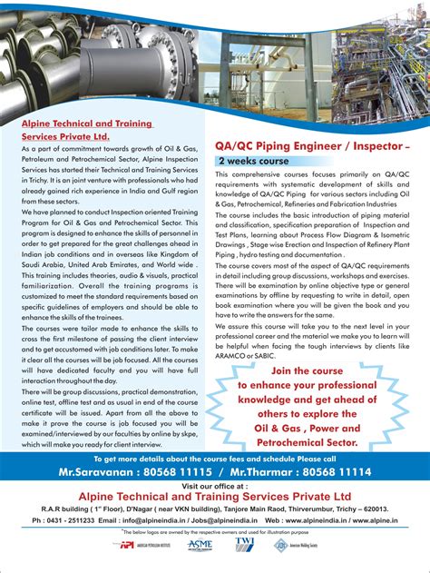 Qa Qc Piping Engineer Inspector Alpine Technical Training Services