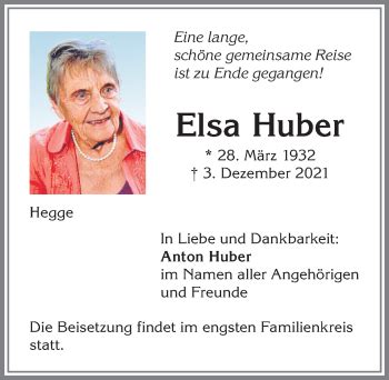 Traueranzeigen Von Elsa Huber Allg Uer Zeitung