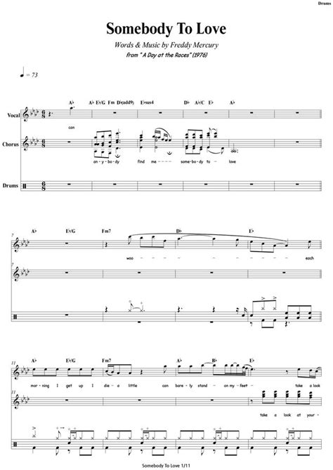 Queen Somebody To Love Drums 드럼 Sheet Music