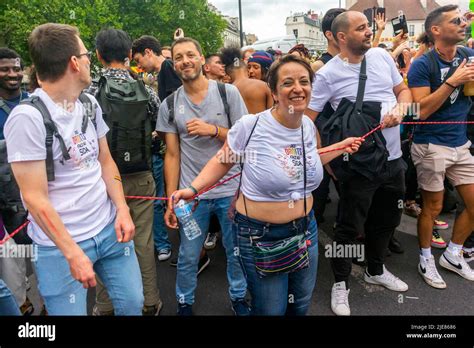 Paris France Crowd Dancing In Gay Pride LGBTQI March AIDS Activists From AIDES Association