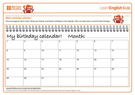 Monthly Birthday Calendar Template