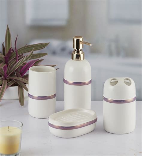 Buy Modern Cream Ceramic Set Of Bath Accessories Set By Kookee At