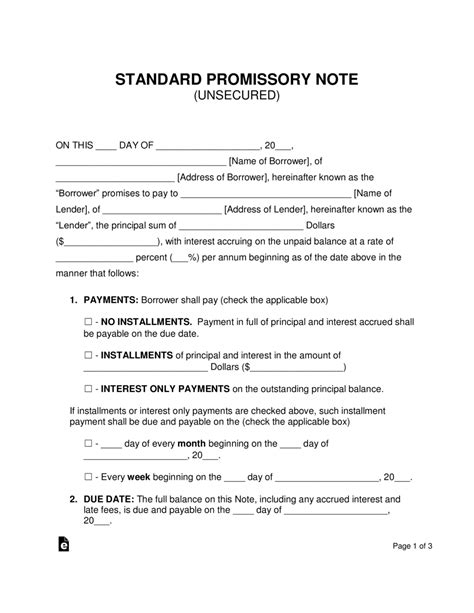 Printable Free Unsecured Promissory Note Template Word Pdf Generic