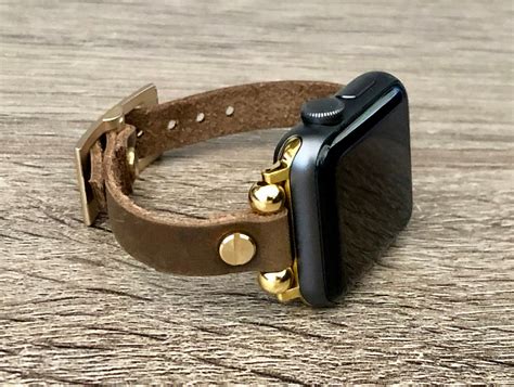 Rustic Brown Leather Apple Watch Band Slim Design Strap Bracelet Women Bands Gold Accents