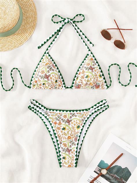 SHEIN Swim Mod Summer Beach Plants Print Halter Triangle Bikini Set SHEIN