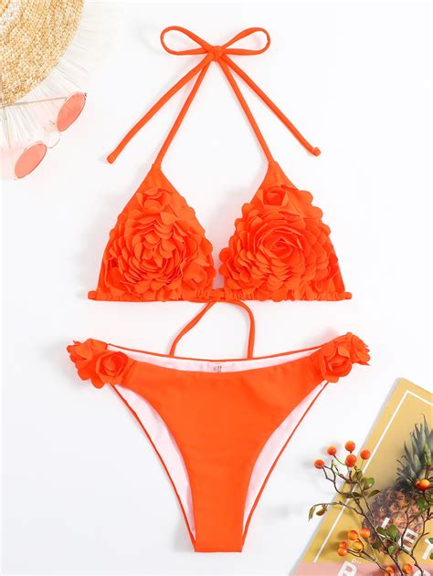 Floral Appliques Halter Triangle Bikini Swimsuit Shein Usa