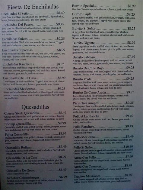 Menu at Si Senor restaurant, Kendallville