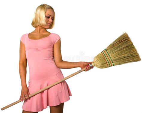 Blonde Dans La Robe Et Le Balai Photo Stock Image Du Garde Balai