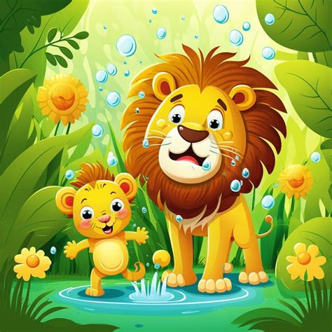 Lion De Dessin Animé Et Lionceau Dans La Jungle Avec Des Bulles Ai