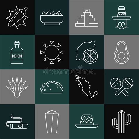 Set Line Cactus Maracas Avocado Fruit Chichen Itza In Mayan Sun Tequila Bottle Hot Chili