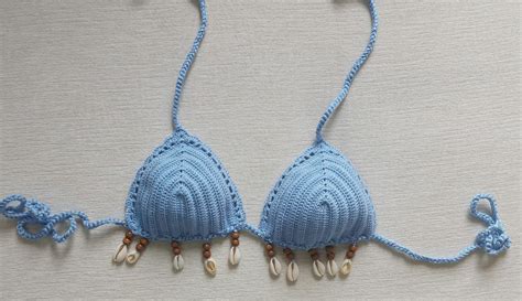 Crochet Bikini Top Blue Bikini Color 350 Sea Shells Bikini Women Swimwear Shell Necklace