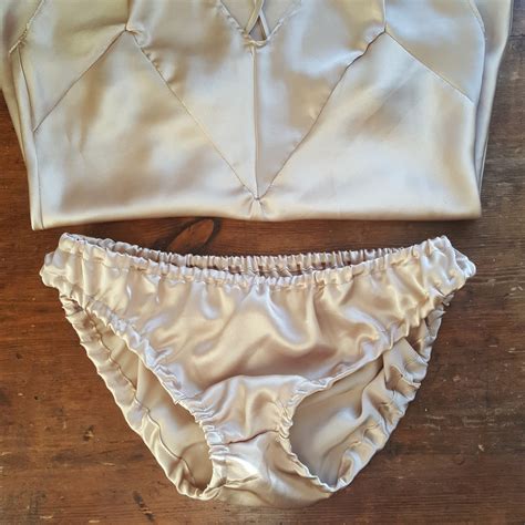 Pure Silk Satin Bias Cut Camisole Slip Knicker Set Beige Nude Vintage Style Unique Lingerie