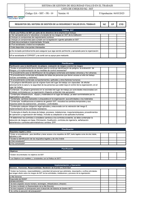 Formato DE Auditoria Interna SG SST SISTEMA DE GESTION DE SEGURIDAD