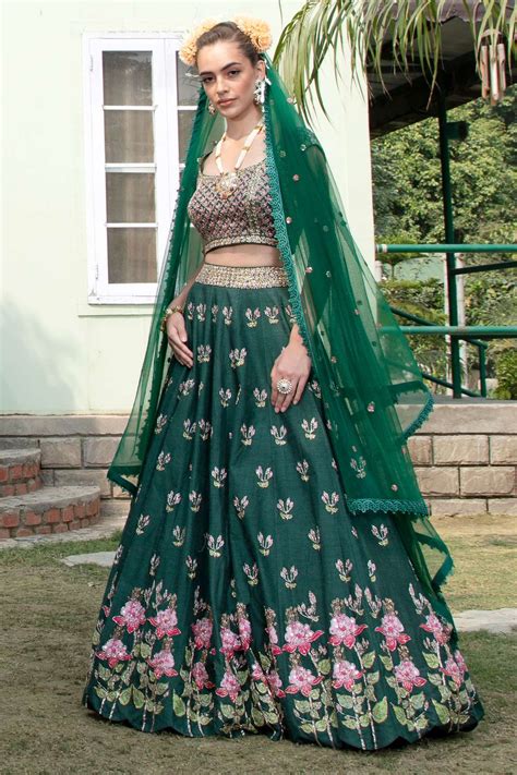 Buy Keerthi Kadire Green Silk Embroidered Lehenga Set Online Aza Fashions