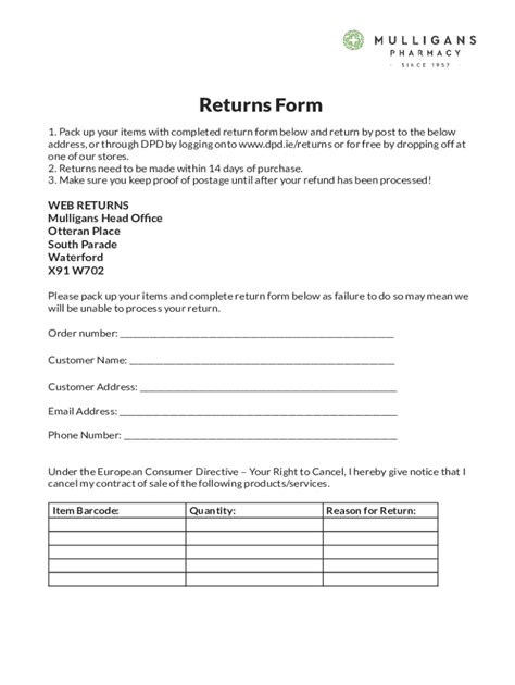 Fillable Online Drop Off Points For Parcel Returnspersonal Fax Email