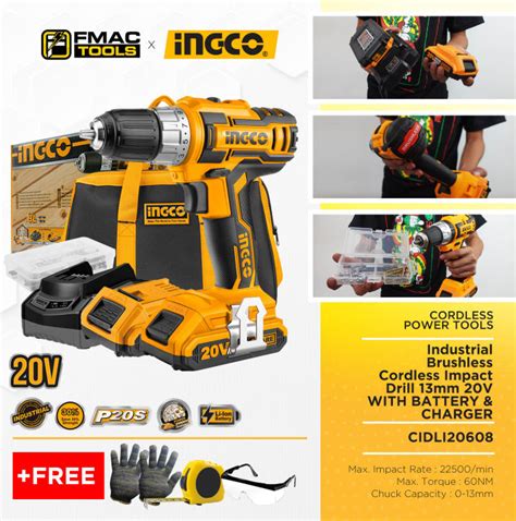 Ingco Industrial Li Ion Brushless Cordless Impact Drill Mm V