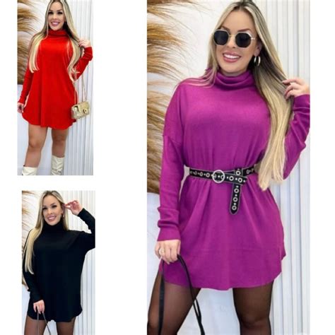 Poncho Vestido Feminino L Zinha Lanzinha Gola Alta Manga Longa Moda