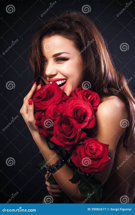 Beautiful Female Holding Red Roses Bouquet Valentines Day Stock Image