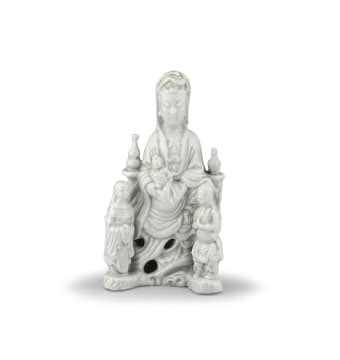 A Chinese Blanc De Chine Figure Of Seated Guanyin Flanked By