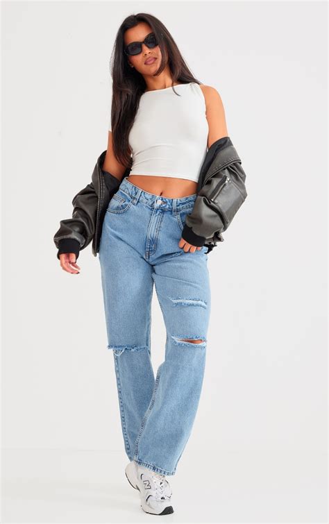 Plt Mid Blue Wash Ripped Knee Boyfriend Jeans Prettylittlething Uae