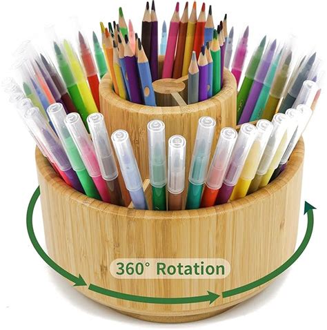 Round Rotating Bamboo Pen Holder For Pens Desktop Storage For